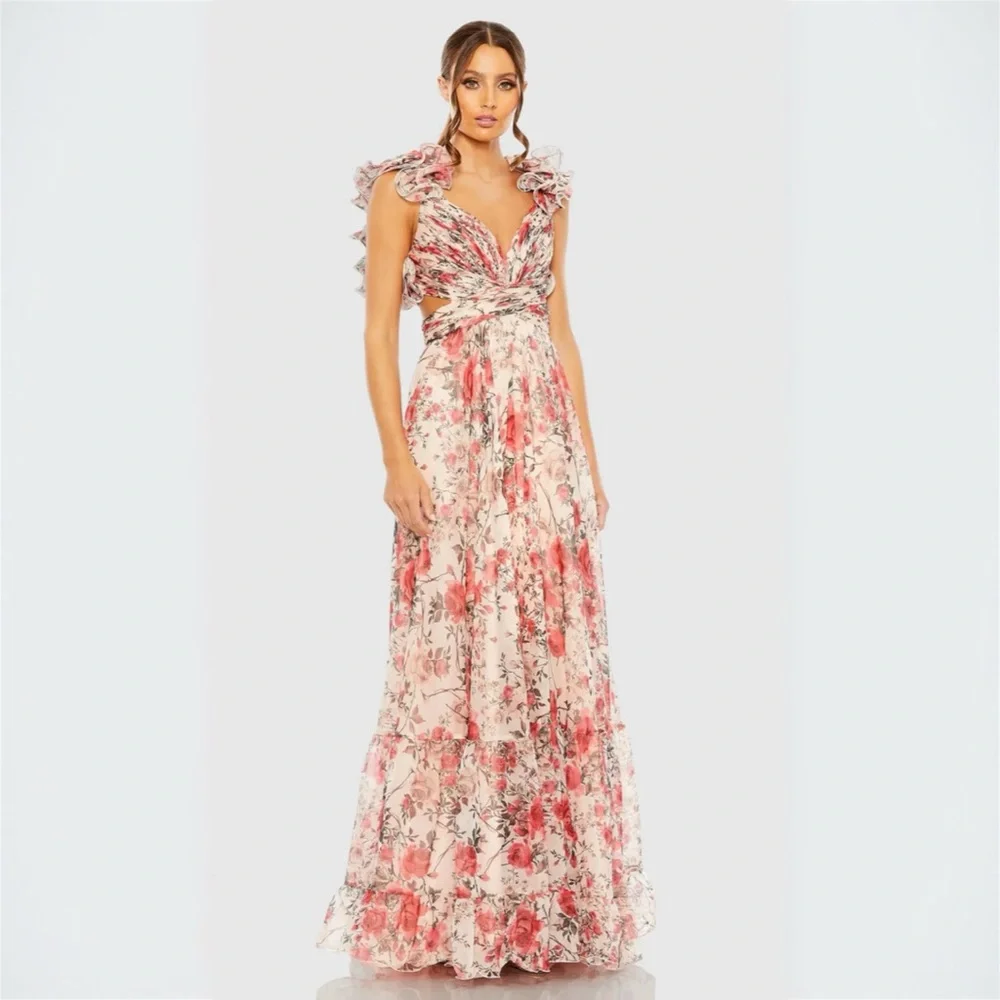 Mac Duggal Pink Floral Rose Cut-Out Chiffon Gown STUNNING! - Picture 2 of 11